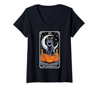 Womens The Haunted Cat Halloween Tarot Card Costume Kitten Lover V-Neck T-Shirt