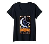 Womens The Haunted Cat Halloween Tarot Card Costume Kitten Lover V-Neck T-Shirt