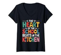 Womens The Heart of The School Beats in The Kitchen Lunch Lady Fun V-Neck T-Shirt