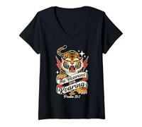 Women's The Heavens are Roaring Psalm 19:1 | Retro Tattoo Tiger V-Neck T-Shirt