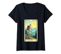 Womens The Hiker Tarot Card Skeleton Mountain Hiking V-Neck T-Shirt