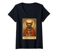 Womens The Holy Frenchie Vintage Tarot Card Funny French Bulldog V-Neck T-Shirt