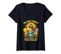 Women's The Holy Trinity Earth Moon Sun Jesus Christian Earth Day V-Neck T-Shirt