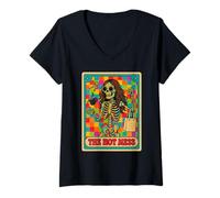 Womens The Hot Mess Retro Skeleton Checkered Humor Art V-Neck T-Shirt