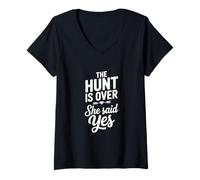 Women's The Hunt is Over She Said Yes Engagement Celebration V-Neck T-Shirt