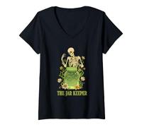 Women's The Jar Keeper Skeleton Cosmic Pickle Jar Tarot V-Neck T-Shirt