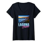 Women's The Laguna Beach California Shore At Sunset Graphic V-Neck T-Shirt