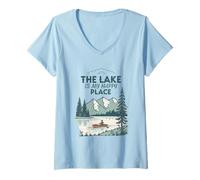 Womens The Lake is My Happy Place Canoeing Nature Design V-Neck T-Shirt