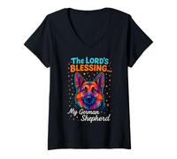 Womens The Lords Blessing German Shepherd Dog Faith Colorful Design V-Neck T-Shirt