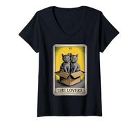 Womens The Lovers Cuddling Cats Funny Tarot Card Cat V-Neck T-Shirt