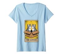 Womens The Lovers Cuddling Cats Funny Tarot Card Cat V-Neck T-Shirt