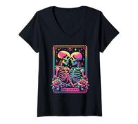 Womens The Lovers Skeleton Tarot Card Gothic Retro Art V-Neck T-Shirt