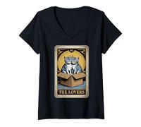 Womens The Lovers Tarot Card Cuddling Cats Cat V-Neck T-Shirt