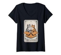 Womens The Lovers Tarot Card Cuddling Cats Cat V-Neck T-Shirt