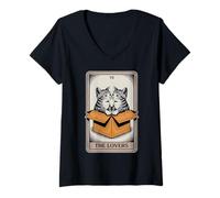 Womens The Lovers Tarot Card Cuddling Cats Cat V-Neck T-Shirt