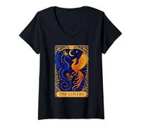 Womens The Lovers Tarot Card Dragon Phoenix Astrology Crescent Moon V-Neck T-Shirt