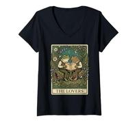 Women's The Lovers Tarot Card Vintage Frog Reading Book Cottagecore V-Neck T-Shirt
