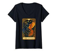 Womens The Lovers Twin Flame Phoenix Dragon Tarot Card Soulmate V-Neck T-Shirt