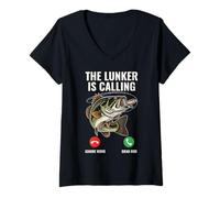 Womens The Lunker is Calling Funny Bass Fishing Call For Anglers V-Neck T-Shirt