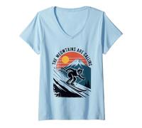Womens The Meowtains Are Calling - Funny Pun Cat Skiing Lover V-Neck T-Shirt