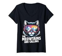 Womens The Meowtains are Calling Funny Skiing Humoe Ski Cat Lover V-Neck T-Shirt