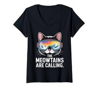 Womens The Meowtains are Calling Funny Snowboarding Cat Lover Humor V-Neck T-Shirt