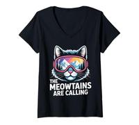 Womens The Meowtains are Calling Funny Snowboarding Cat Lover V-Neck T-Shirt