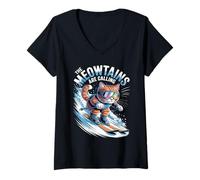 Women's The Meowtains are Calling Ski Skier Funny Skiing Cat V-Neck T-Shirt