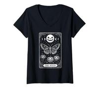 Womens The Moon Jack o Lantern Moon Mystical Moth Tarot Card V-Neck T-Shirt
