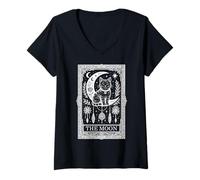 Womens The Moon Tarot Card Gothic Spiritual Bohemian Cat Lover V-Neck T-Shirt