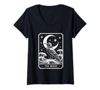 Womens The Moon Tarot - Mystical Raven Celestial Art V-Neck T-Shirt
