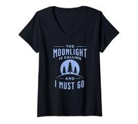 Women's The Moonlight is Calling Full Moon Hiking Camping V-Neck T-Shirt