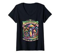Womens The Mushrooms are Calling Colorful Psychedelic Forest Scene V-Neck T-Shirt