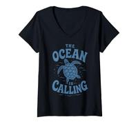 Women's The Ocean is Calling Beach Turtle Vacation Coastal V-Neck T-Shirt