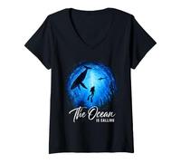 Women's The Ocean is Calling Scuba Diver Whale V-Neck T-Shirt