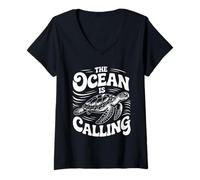 Womens The Ocean is Calling Turtle Ocean Animals Nature V-Neck T-Shirt