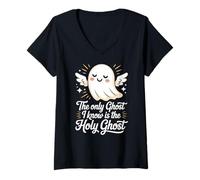 Womens The Only Ghost I Know is The Holy Ghost Christian Halloween V-Neck T-Shirt