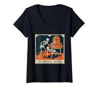 Women's The Personal Trainer Skeleton Tarot Card Vintage Graphic V-Neck T-Shirt