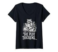 Women's The Plot Thickens Raccoon Reading V-Neck T-Shirt