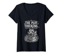 Women's The Plot Thickens Raccoon Reading V-Neck T-Shirt