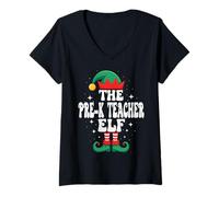 Womens The Pre-k Teacher Elf Funny Christmas Matching Family V-Neck T-Shirt