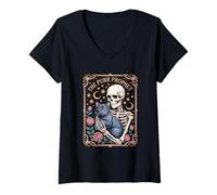 Womens The Purr Prophet Cat Skeleton Occult Moon Tarot V-Neck T-Shirt