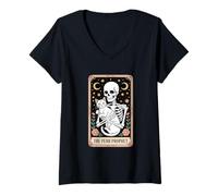 Womens The Purr Prophet Tarot Cat Skeleton Mystic Moon V-Neck T-Shirt