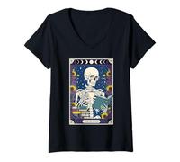 Womens The Reader Skeleton Tarot Card Book & Coffee Lover Bookworm V-Neck T-Shirt
