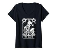 Womens The Reader Tarot Card Book Lover Skeleton Reading Funny Book V-Neck T-Shirt