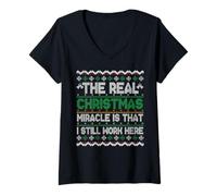 Womens The Real Christmas Miracle is i Still Work Here Ugly Sweater V-Neck T-Shirt