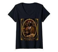 Women's The Reporter Black Cat Art Deco Murder Mystery V-Neck T-Shirt