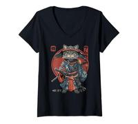 Womens The Retro Samurai Cat Warrior Cat V-Neck T-Shirt