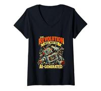 Women's The Revolution Will Not Be AI Generated Funny Retro Robot V-Neck T-Shirt