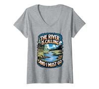 Women's The River is Calling I Must Go White Water Rafting Boating V-Neck T-Shirt